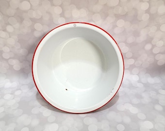 Vintage White & Red Enamel Mixing Bowl Farmhouse Kitchen Decor Herb Planter