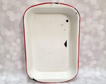 Vintage White & Red Enamel Baking Pan Farmhouse Kitchen Decor