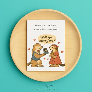 Carte de fiançailles amusante pour elle ou lui - jolie carte de proposition de loutre avec anneau - carte d'amour animal faite main pour fiancé ou petite amie
