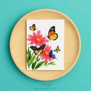 Butterfly Greeting Card – Handmade Floral Card with Watercolor Flowers and Butterflies – Spring Thank You or Birthday Card