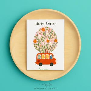 Carte de voeux florale avec oeuf de Pâques avec bus - Jolie carte de Joyeuses Pâques avec fleurs printanières et lapin - Carte de vœux colorée pour enfants et adultes