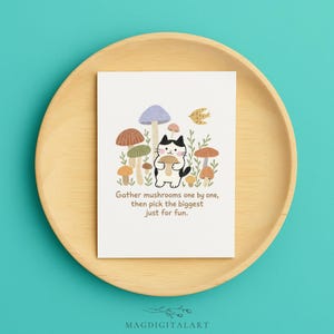 Carte drôle de chat de champignon avec la citation fantaisiste, cadeau mignon de papeterie d'amant de champignon, chaton illustré dans la scène de forêt avec des champignons