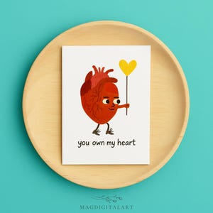 Tarjeta de San Valentín divertida "Eres dueño de mi corazón", linda tarjeta de felicitación con forma de corazón anatómico para novio o novia, idea de regalo original de tarjeta de amor.