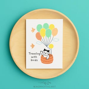 Cartão de felicitações fofo em forma de gato com balão de ar quente, pássaros e cores pastel para amantes de animais, bilhetes de aniversário ou presentes com tema de viagem