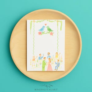 Carte de remerciement pour mariage - Carte de célébration faite main avec illustration des mariés et des invités - Carte de message romantique pour invités