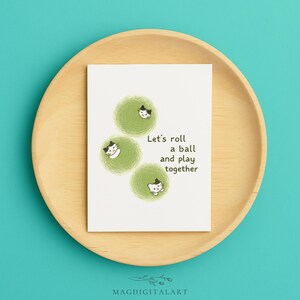 Carte de voeux ludique avec boule de chat vert pour amis, enfants, carte d'animal mignon, cadeau de papeterie amusant et fantaisiste, carte vierge pour toute occasion