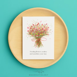 Cartão de saudação floral – Cartão de buquê de flores em aquarela feito à mão – Cartão de incentivo ou agradecimento em branco para ela