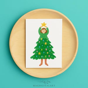 Lustig Weihnachtsbaum Mädchen Feiertags-Gruß-Karte, niedliche festliche Karte mit Stern-Illustration für Kinder Familie Freunde