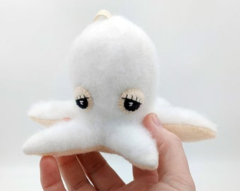 Fuzzy White Squid christmas ornament, beach holiday decorations, handmade sea creature, octopus stuffed animal, eco friendly nursery decor