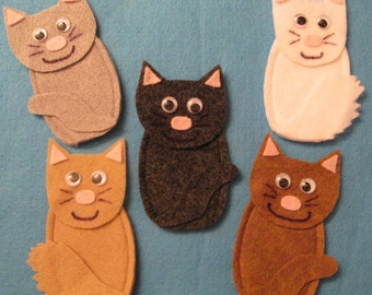 5 Cat Finger Puppets with rhyme, handcrafted from felt