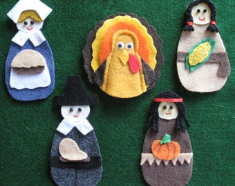 Thanksgiving felt board set with laminated rhyme. 4 men and women,  1 Turkey.