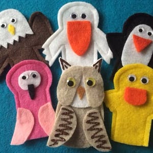 Bird Finger Puppets. Flamingo, Pelican, Owl, Duck, Eagle and Penguin