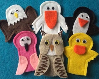 Bird Finger Puppets. Flamingo, Pelican, Owl, Duck, Eagle and Penguin