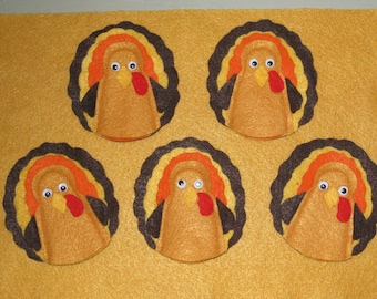 5 Turkeys Finger Puppets,  with laminated rhyme, handcrafted from felt