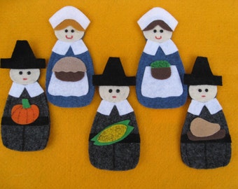 5 Pilgrims Felt Finger Puppets, original laminated rhyme