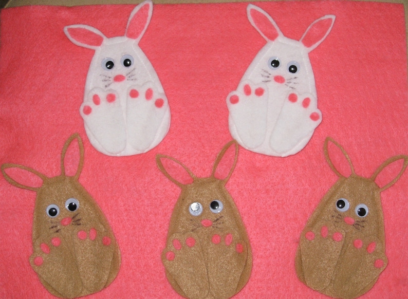 5 Little Bunnies Finger Puppets with laminated rhyme, handcrafted from felt, preschool image 1