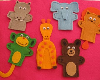 Zoo Animal Finger Puppets, Handcrafted, Preschool. Lion, Monkey, Bear, Hippo, Giraffe and Elephant.