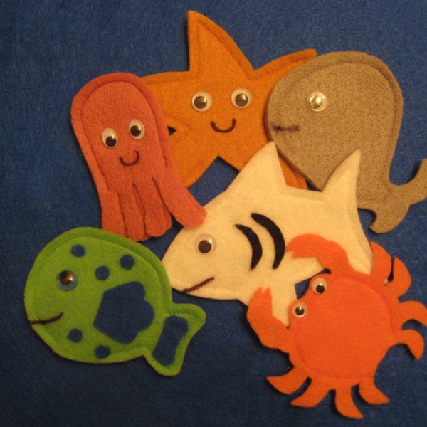 Ocean Creatures Finger Puppets shark, octopus, whale, fish, starfish, crab