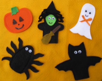 5 Halloween Finger Puppets, handcrafted from felt