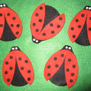 5 Ladybug Finger Puppets with laminated rhyme, handcrafted from felt