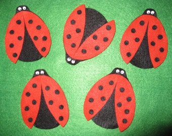 5 Ladybug Finger Puppets with laminated rhyme, handcrafted from felt