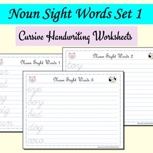 May include: Three printable cursive handwriting worksheets for kids to practice writing common sight words. Each worksheet features a different animal illustration at the top: a cat, a cow, and a cat. The worksheets are titled "Noun Sight Words 1", "Noun Sight Words 2", and "Noun Sight Words 3".