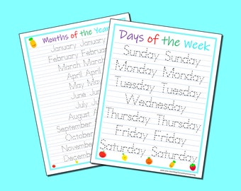 Days of the Week and Months of the Year Handwriting Worksheets; Pre-k, Kindergarten, 1st Grade