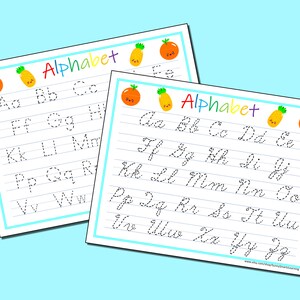 May include: Two printable worksheets for practicing cursive handwriting. Each worksheet features the alphabet in cursive with dotted lines for tracing. The worksheets are decorated with colorful fruit and pineapple illustrations.