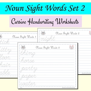 Noun Sight Words Cursive Handwriting Worksheets Set 2 (5+ letter words)