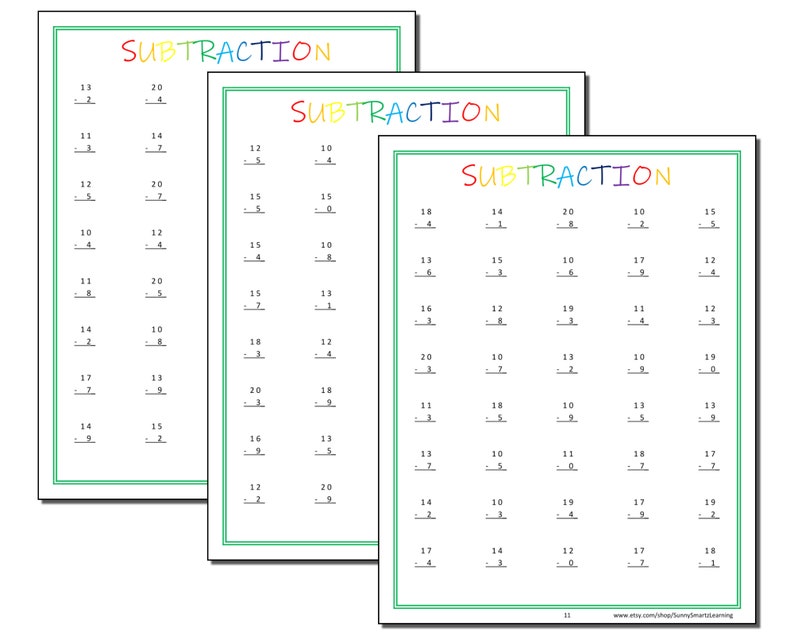 30 subtraction worksheets with numbers 0 20 prek etsy