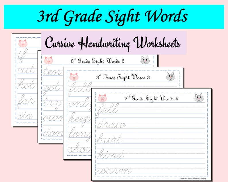3rd grade sight words cursive handwriting worksheets etsy