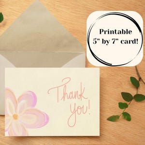 Cartão de agradecimento pintado à mão para impressão - Cartão digital para download com flor rosa - Papelaria em tons pastéis quentes para bilhetes de gratidão