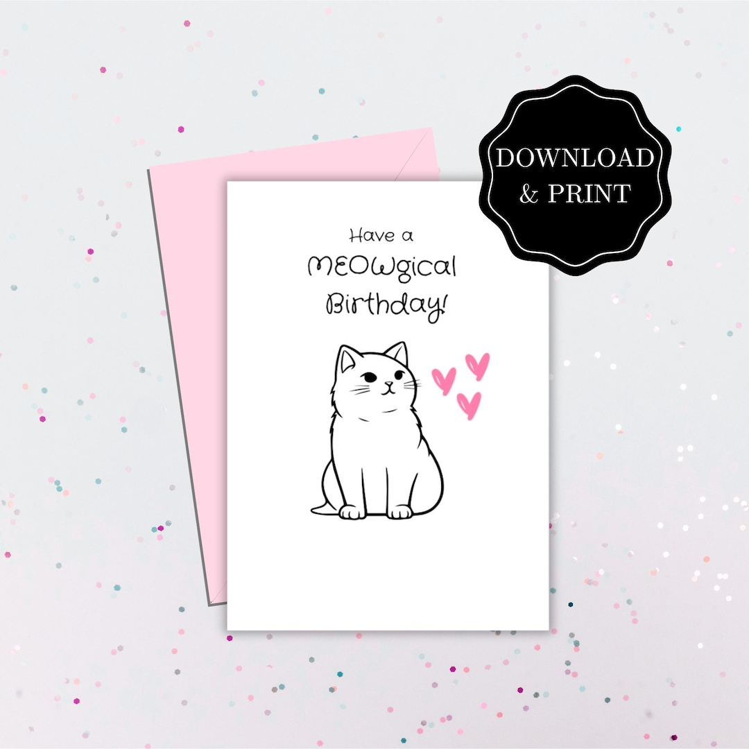 Cute Funny Cat Birthday Card Printable | Foldable 5x7 Digital Download ...