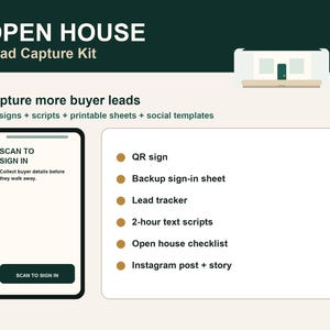 Lead Capture Kit för öppet hus, QR-skylt för fastighetsmäklare, uppföljningsmanus (digital nedladdning)