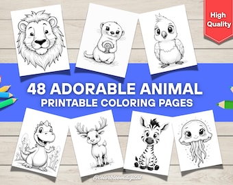 Può includere: Una raccolta di pagine da colorare stampabili con illustrazioni di animali adorabili. L'immagine mostra un leone, una lontra, un uccello, un dinosauro, un cervo, una zebra e una medusa. Il testo recita "48 ADORABLE ANIMAL PRINTABLE COLORING PAGES".