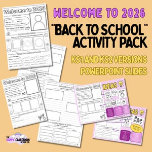 以下が含まれることがあります： 「Welcome to 2026」と「Back to School Activity Pack」のテキストが入った、印刷可能なアクティビティシートとPowerPointスライドのコレクション。シートには、個人情報や好きなものを記入するセクションがあります。デザインにはイラストと「KS1 and KS2 Versions PowerPoint Slides」のテキストが含まれています。