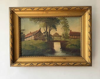Pintura al óleo expresiva de paisaje "Cabaña de paja" Arte pequeño hecho a mano