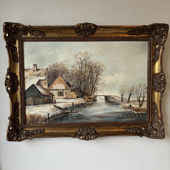 Vintage Oil Painting: Riverside Winter Village Scene, Dutch Landscape, Mid-Century Art