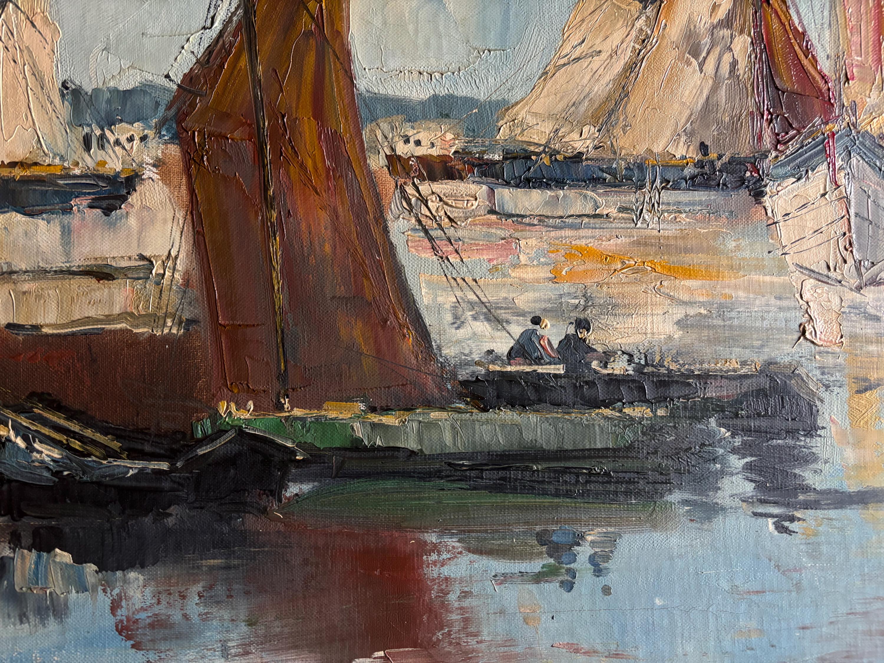 Vintage Oil Painting Sailing Boats Harbor Scene – European