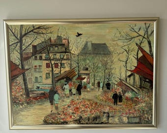 Pintura al óleo original de paisaje urbano "Puesto de flores". Elegante obra de arte de gran formato.