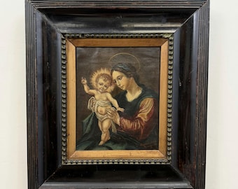 Pintura al óleo de retrato antigua del siglo XIX "Madonna Niño" obra de arte