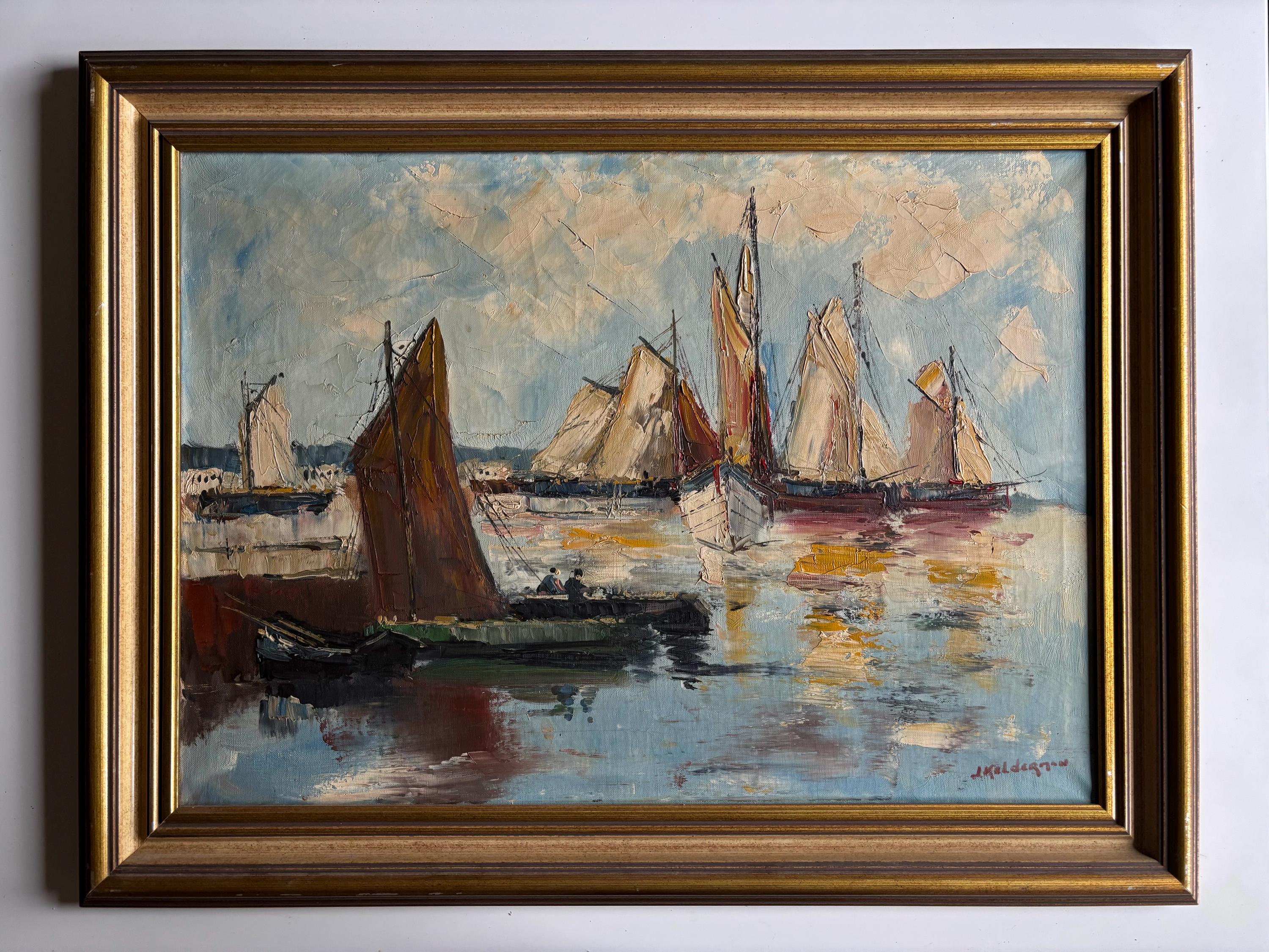 絵画 E BATES < HARBOR VIEW > Vintage Oil Painting Sailing Boats Harbor Scene – European