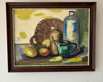 Peinture à l’huile vintage nature morte « Bouilloire verte »