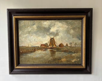 Pintura al óleo de paisaje detallado "Escena del molino de viento" arte rústico