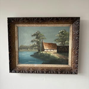 Autentico dipinto ad olio di paesaggio "Fienile con tetto di paglia" Elegante opera d'arte