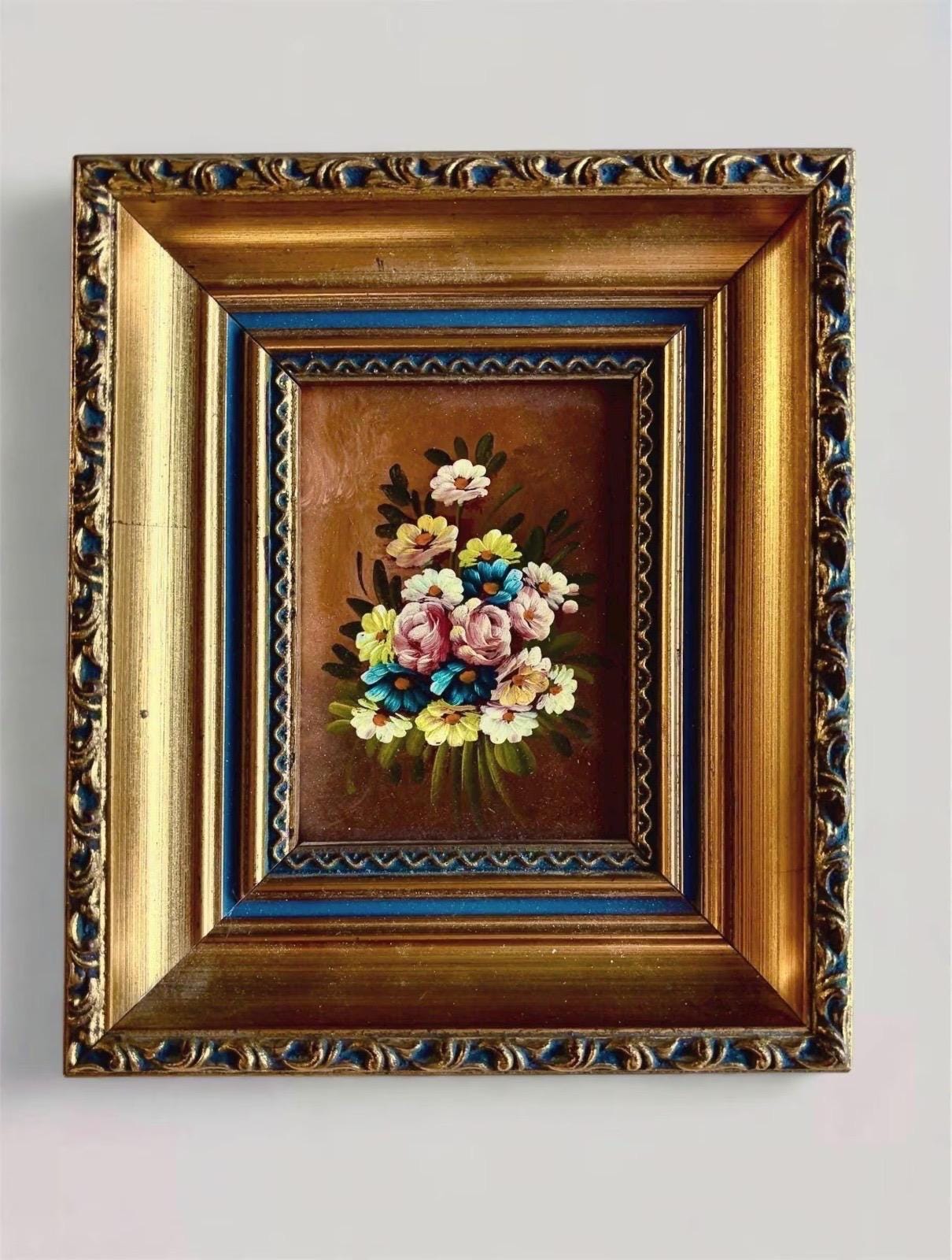 古典花（オランダ）油彩画 4つのユニークな1960年アンティークオランダミディアムサイズの花の