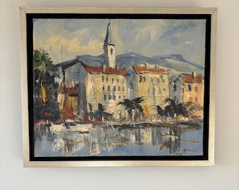 Peinture à l'huile détaillée représentant une scène portuaire et des bâtiments du port. Œuvre expressive.