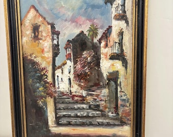 Pintura al óleo de paisaje urbano elegante "Escalera de piedra" obra artesanal