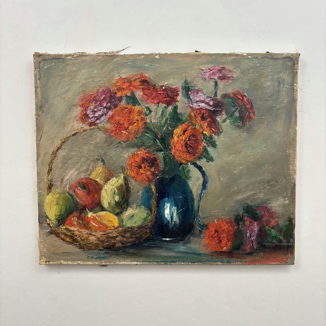 antique-floral-still-life-oil-painting-flower-vase-rustic-artwork
