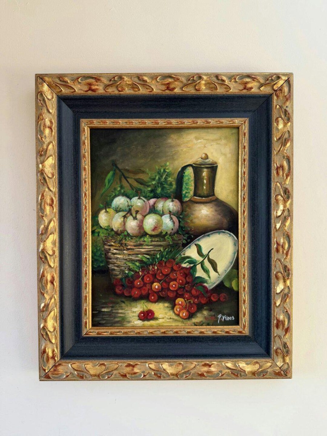 本物の油絵 静物画「フルーツバスケット」注目すべき中サイズの作品